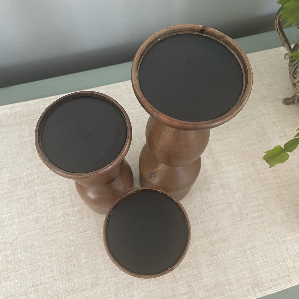 Crate & Barrel set of 3 Elegant Brown Wooden Candle Holders. - Picture 3 of 6